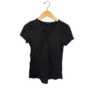 Boston Proper Women's Black Lace-Up Ribbed V-Neck Casual Tee Size XS